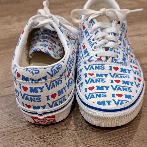 Unisex Vans White and Blue Sneakers with Unique Pattern - Picture 3 of 9